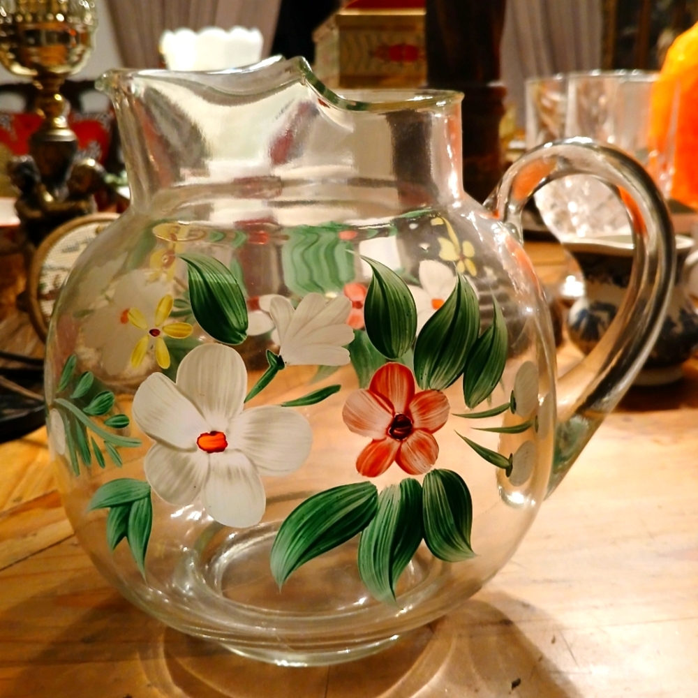 Vintage 1940s Dunbar Glass Pitcher Hand Painted floral pattern Made In USA 8"